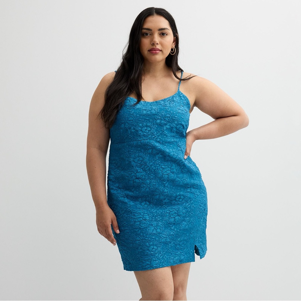 Teal Floral Jacquard Slip Dress